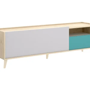 Dmill TV-meubel, Laag woonkamerdressoir, Woonkamerdressoir voor televisie, 155x43h47 cm, Eiken en wit Dmill TV-meubel, Laag woonkamerdressoir, Woonkamerdressoir voor televisie, 155x43h47 cm, Eiken en wit