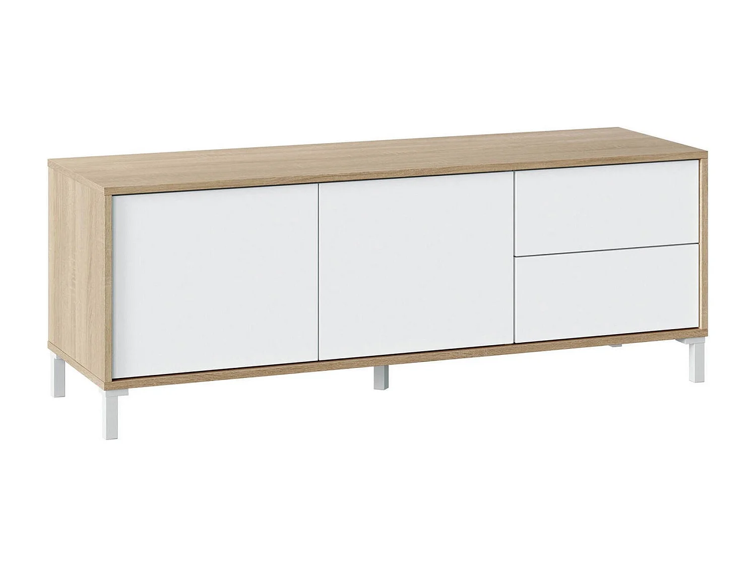 Dmora Tv-meubel Cary 41x130x47h cm Wit, 1 Plank, 2 Laden, Push-Pull Opening