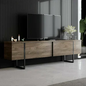 Tv-meubel Abishia, 1 plank, 180x30x50h cm, bruin walnoot, 2 deuren, 3 vakken Tv-meubel Abishia, 1 plank, 180x30x50h cm, bruin walnoot, 2 deuren, 3 vakken