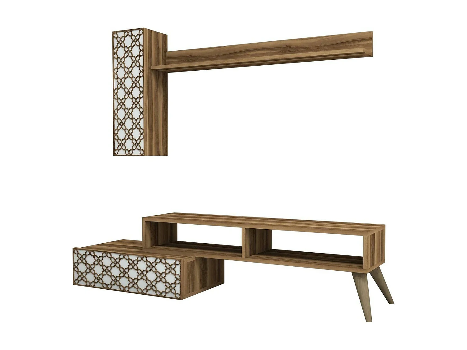 Dpinard-wand, woonkamer, multifunctionele woonkamermeubel, tv-meubel, 150x37h38 cm, walnoot en wit