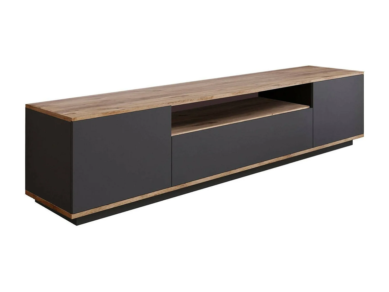 Dpi TV houder kastErott, Woonkamer dressoir, Lage tv kast, Inbouw wandvoet, 180x45h45 cm, Eiken en Antraciet