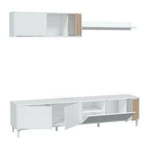 Dolze wandsysteem, Woonkamerkast met deuren, Hangkast met plank, Multifunctioneel dressoir, 200x40h47 cm, Wit en Eiken
