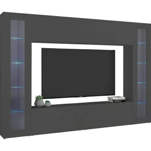 Dmora Wandmeubel Giuliano 30x260x180h cm Zwart Antraciet 11 Planken Kantel- en Klapdeuren, 4 Deuren Made in Italy