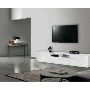 Dfagiol TV-meubel, Laag woonkamerdressoir met 4 deuren, TV-meubelbasis, 100% Made in Italy, 260x43h46 cm, Glanzend wit Dfagiol TV-meubel, Laag woonkamerdressoir met 4 deuren, TV-meubelbasis, 100% Made in Italy, 260x43h46 cm, Glanzend wit