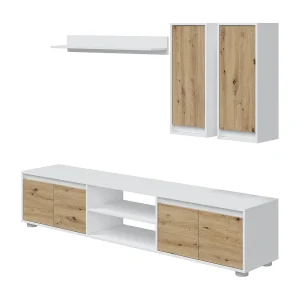 Dnuh wandsysteem, Woonkamerset, Multifunctioneel woonkamermeubilair, Compositie voor moderne woonkamer, 200x40h114 cm, Wit en Eiken
