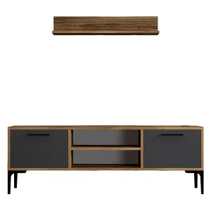 Dpiston tv-meubel, woonkamermeubel, kleine pe-kastR TV, wandvoet, 140x30h48 cm, walnoot en antraciet