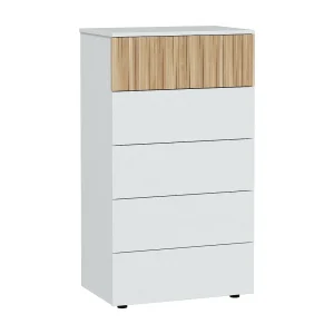 Dorig ladekast, ladekast met 5 laden, ladekast voor de slaapkamer, moderne ladekast, 61x40h109 cm, wit en eiken Dorig ladekast, ladekast met 5 laden, ladekast voor de slaapkamer, moderne ladekast, 61x40h109 cm, wit en eiken