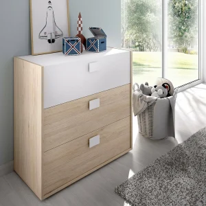 Dmbay ladekast, Slaapkamerladekast, Dressoir met 3 laden, 80x43h81 cm, Eiken en Wit Dmbay ladekast, Slaapkamerladekast, Dressoir met 3 laden, 80x43h81 cm, Eiken en Wit