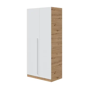 Daabec kledingkast, Slaapkamerkast met 2 draaideuren, Kast met 3 planken en kledingroede, 90x52h200 cm, Geknoopt eiken en Wit