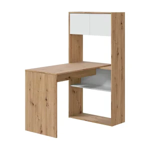 Dmangn Bureau, Multifunctioneel omkeerbaar hoekbureau met boekenkast, Multi-positie studeer- of kantoortafel, 108x70h140 cm, Wit en geknoopt eiken