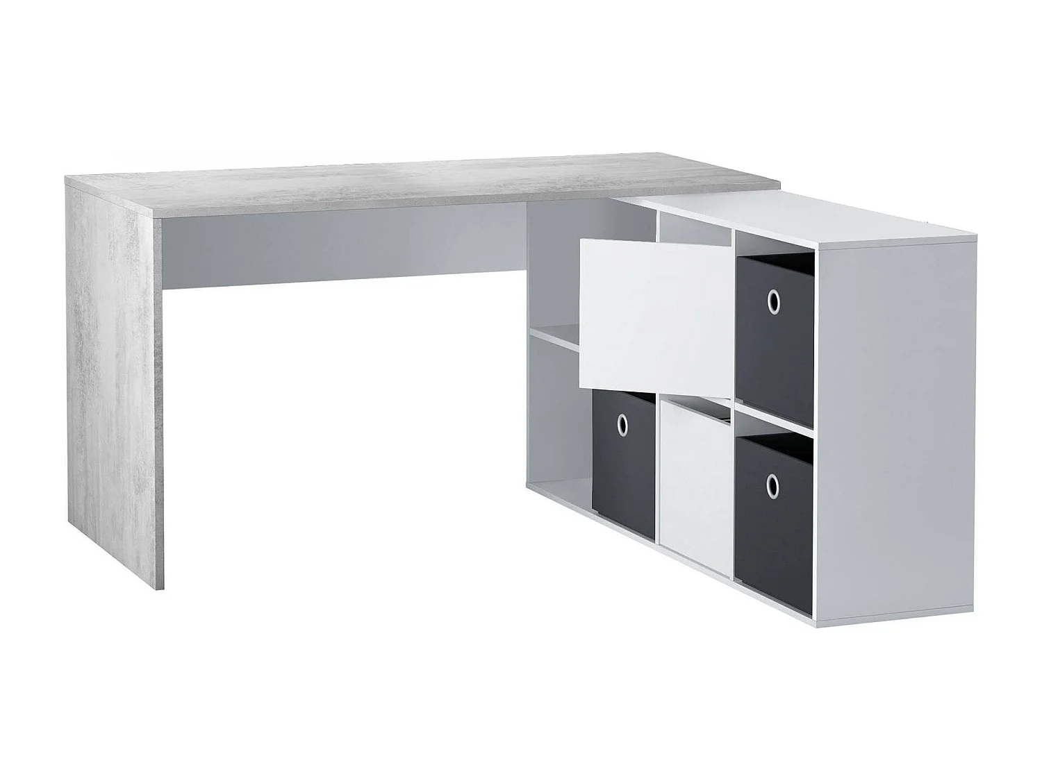 Dmorlup Bureau, multifunctioneel omkeerbaar bureau met meerdere posities, studeer- of kantoortafel voor pc met plank, 136x139h74 cm, wit en cement