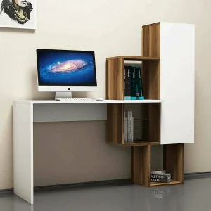 Dmambrin Bureau, Multifunctioneel Bureau, PC Houder Bureau Tafel, Werkblad, 145x45h75 cm, Walnoot en Wit
