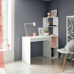 Dlup Bureau, Lineair bureau met boekenkast, Ruimtebesparende multifunctionele kantoortafel, 110x50h136 cm, Wit