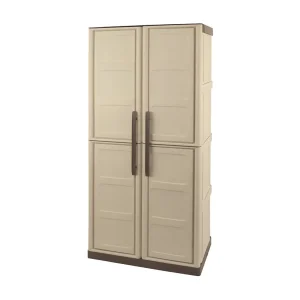 Dbattistin buitengarderobe, Multifunctionele balkonkast, 2-deurs buitenkast, 100% Made in Italy, Beige en Bruin, Vierkante afwerking, 70x39h165 cm