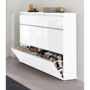 Dlukak schoenenrek, Multifunctionele kast met 2 deuren en 1 klepdeur, Ingang schoenenrek, 100% Made in Italy, 120x27h108 cm, Glanzend wit Dlukak schoenenrek, Multifunctionele kast met 2 deuren en 1 klepdeur, Ingang schoenenrek, 100% Made in Italy, 120x27h108 cm, Glanzend wit