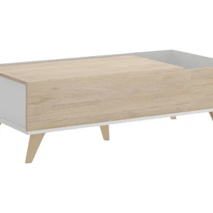 Dburs salontafel, Tijdschriftenrek in de woonkamer met opbergvak, Lage in hoogte verstelbare salontafel, 99x60h41 cm, Eiken en wit