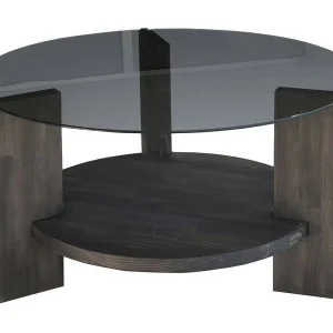 Feline salontafel, tijdschriftenhouder, 75x75x40h cm antracietzwart, rond, glazen onderstel Feline salontafel, tijdschriftenhouder, 75x75x40h cm antracietzwart, rond, glazen onderstel