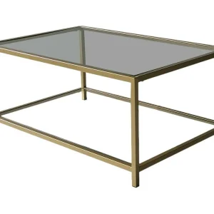 Salontafel Mina, 1 vak, 90x60x40h cm, goud, rechthoekige vorm, transparant blad Salontafel Mina, 1 vak, 90x60x40h cm, goud, rechthoekige vorm, transparant blad