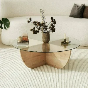 Salontafel Jolanda, ronde vorm, 90x90x30h cm eikenbruin, glazen blad, transparant schap