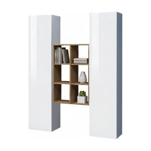 Ddeluc Dressoir, Woonkamerset met 2 deuren en planken, Woonkamerbuffet, Keukendressoir, 100% Made in Italy, 140x30h180 cm, Glanzend wit en Esdoorn Ddeluc Dressoir, Woonkamerset met 2 deuren en planken, Woonkamerbuffet, Keukendressoir, 100% Made in Italy, 140x30h180 cm, Glanzend wit en Esdoorn