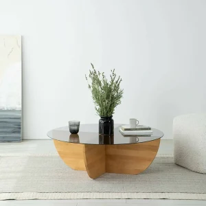 Jolanda salontafel, tijdschriftenhouder, 90x90x30h cm eikenbruin, rond, frame van glas Jolanda salontafel, tijdschriftenhouder, 90x90x30h cm eikenbruin, rond, frame van glas