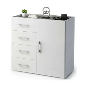 Dnag dressoir, Buffetkast met 1 deur en 4 laden, Woonkamerdressoir, Multifunctionele kast met planken, 100% Made in Italy, 90x41h87 cm, Wit Dnag dressoir, Buffetkast met 1 deur en 4 laden, Woonkamerdressoir, Multifunctionele kast met planken, 100% Made in Italy, 90x41h87 cm, Wit