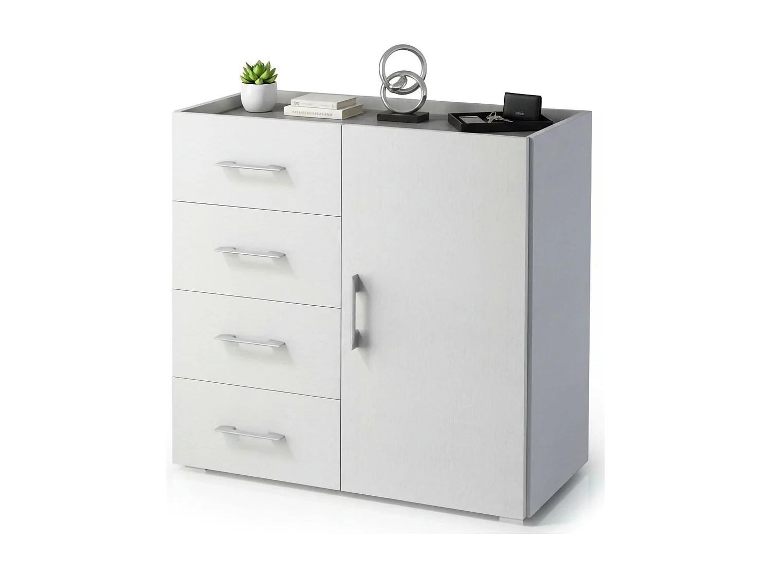 Dnag dressoir, Buffetkast met 1 deur en 4 laden, Woonkamerdressoir, Multifunctionele kast met planken, 100% Made in Italy, 90x41h87 cm, Wit