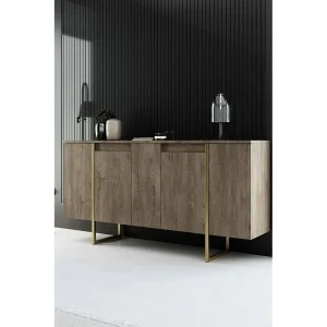 Dgarzitt Dressoir, Buffet voor in de woonkamer, In de woonkamer, Bijkeuken, 160x35h80 cm, Walnoot en goud Dgarzitt Dressoir, Buffet voor in de woonkamer, In de woonkamer, Bijkeuken, 160x35h80 cm, Walnoot en goud