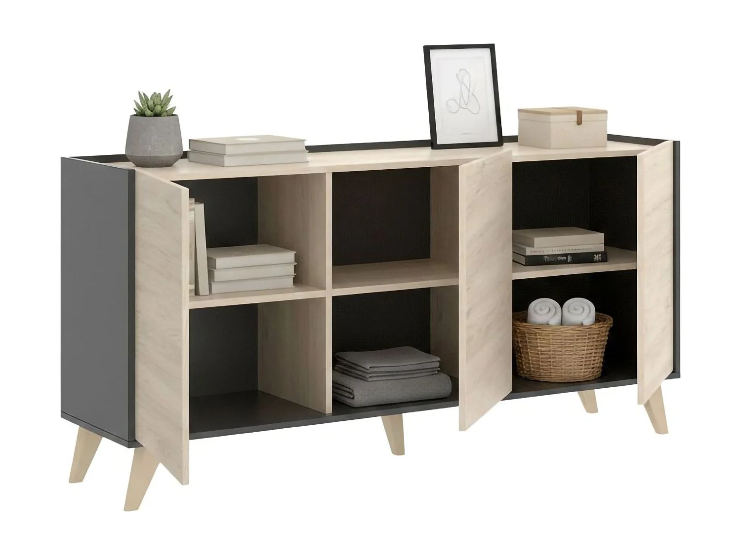 Dadop dressoir, Woonkamerbuffet, Modern woonkamerdressoir met 3 deuren, 155x43h75 cm, Eiken en Antraciet
