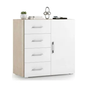 Dnag Dressoir, Buffetkast met 1 deur en 4 laden, Woonkamerdressoir, Multifunctionele kast met planken, 100% Made in Italy, 90x41h87 cm, Wit en Eiken Dnag Dressoir, Buffetkast met 1 deur en 4 laden, Woonkamerdressoir, Multifunctionele kast met planken, 100% Made in Italy, 90x41h87 cm, Wit en Eiken