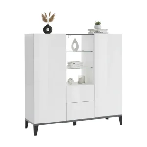 Dla dressoir, Keukendressoir met 2 deuren en 2 laden, Woonkamerbuffet, 100% Made in Italy, 120x40h133 cm, Glanzend wit en leisteen