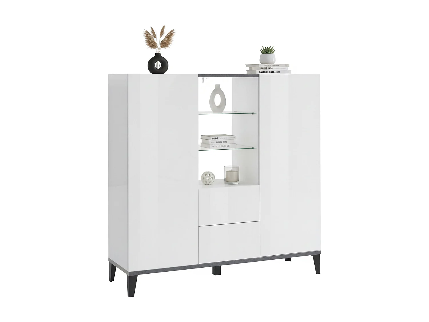 Dla dressoir, Keukendressoir met 2 deuren en 2 laden, Woonkamerbuffet, 100% Made in Italy, 120x40h133 cm, Glanzend wit en leisteen