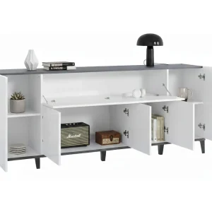 Dnatal dressoir, 6-deurs keukendressoir, Woonkamerbuffet, 100% Made in Italy, 200x40h82 cm, Glanzend wit en leisteen Dnatal dressoir, 6-deurs keukendressoir, Woonkamerbuffet, 100% Made in Italy, 200x40h82 cm, Glanzend wit en leisteen
