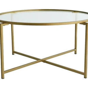 Salontafel Ecaterina, ronde vorm, 83x83x40h cm goud, transparant tafelblad, glazen frame Salontafel Ecaterina, ronde vorm, 83x83x40h cm goud, transparant tafelblad, glazen frame