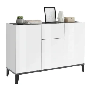 Ddybal dressoir, Keukendressoir met 3 deuren en 1 lade, Woonkamerbuffet, Keukendressoir, 100% Made in Italy, 120x40h82 cm, Glanzend wit en leisteen Ddybal dressoir, Keukendressoir met 3 deuren en 1 lade, Woonkamerbuffet, Keukendressoir, 100% Made in Italy, 120x40h82 cm, Glanzend wit en leisteen