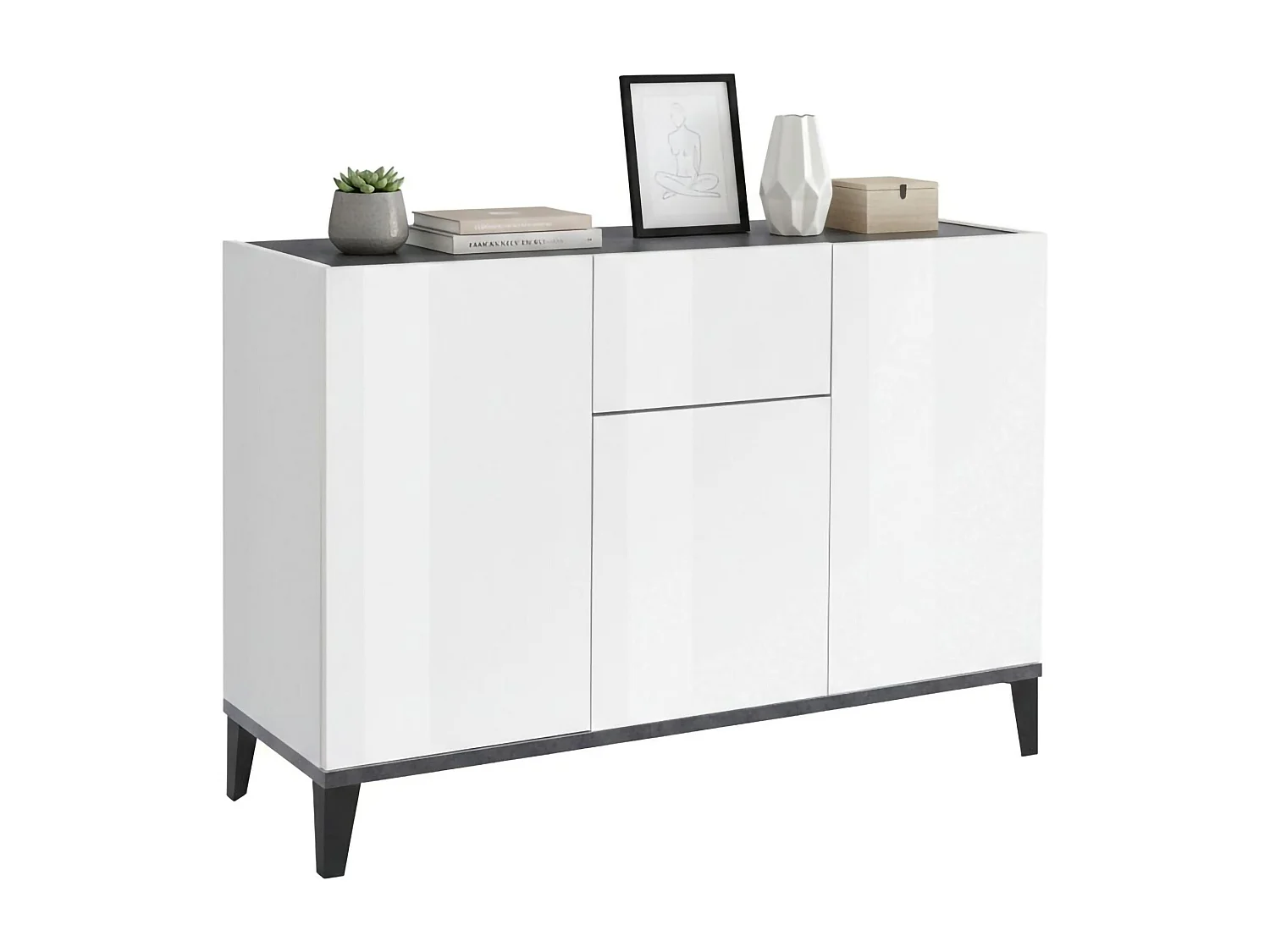 Ddybal dressoir, Keukendressoir met 3 deuren en 1 lade, Woonkamerbuffet, Keukendressoir, 100% Made in Italy, 120x40h82 cm, Glanzend wit en leisteen