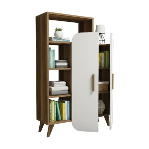Dgiavard Dressoir, Woonkamer Buffet, Woonkamer, Keuken Pantry, 90x32h132 cm, Walnoot en Wit Dgiavard Dressoir, Woonkamer Buffet, Woonkamer, Keuken Pantry, 90x32h132 cm, Walnoot en Wit