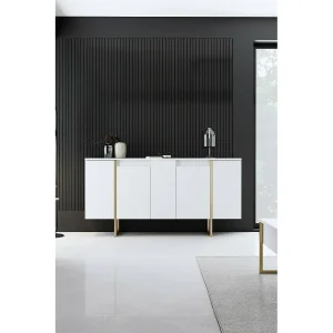 Dgarzitt-kast, woonkamerbuffet, woonkamerkast, keukenkast, 160x35h80 cm, wit en goud Dgarzitt-kast, woonkamerbuffet, woonkamerkast, keukenkast, 160x35h80 cm, wit en goud