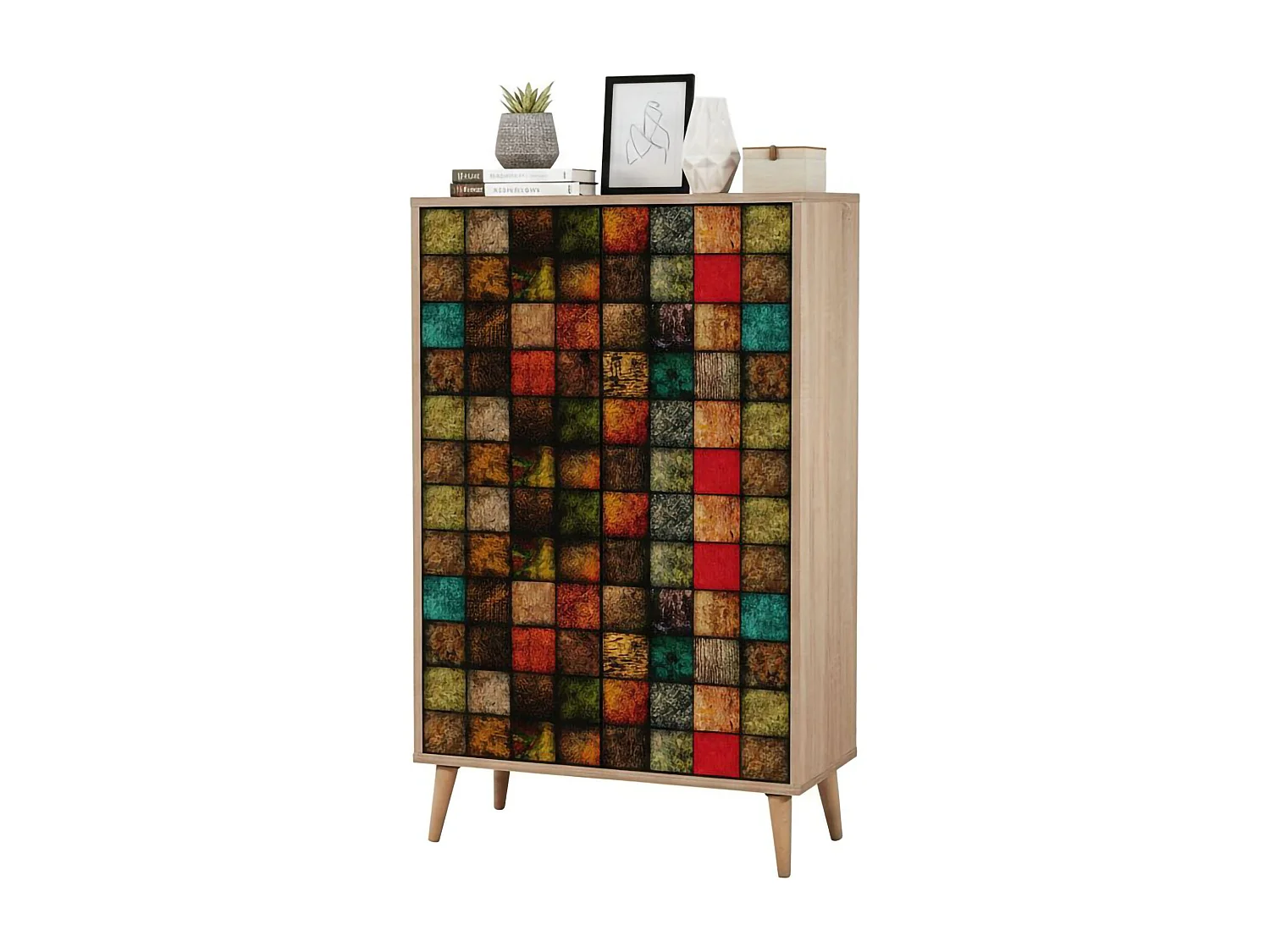 Dpersy Dressoir, Woonkamer Buffet, Woonkamer, Keuken Pantry, 80x36h127 cm, Eiken en Veelkleurig