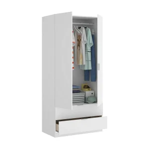 Dlunin kledingkast, Kledinghanger voor slaapkamer, Kledingkast met 2 draaideuren en 2 laden, 81x52h184 cm, Wit Dlunin kledingkast, Kledinghanger voor slaapkamer, Kledingkast met 2 draaideuren en 2 laden, 81x52h184 cm, Wit