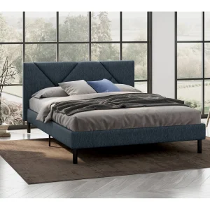 Calitri Frans tweepersoonsbed, Gestoffeerd stoffen bed met hoofdbord, Houten lattenbodem, geschikt voor matras 140×190, Blauw
