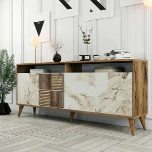 Dpogg tv-meubel, woonkamer dressoir, laag tv-meubel, gemonteerd wandonderstel, 180×35 h79 cm, walnoot en wit marmer
