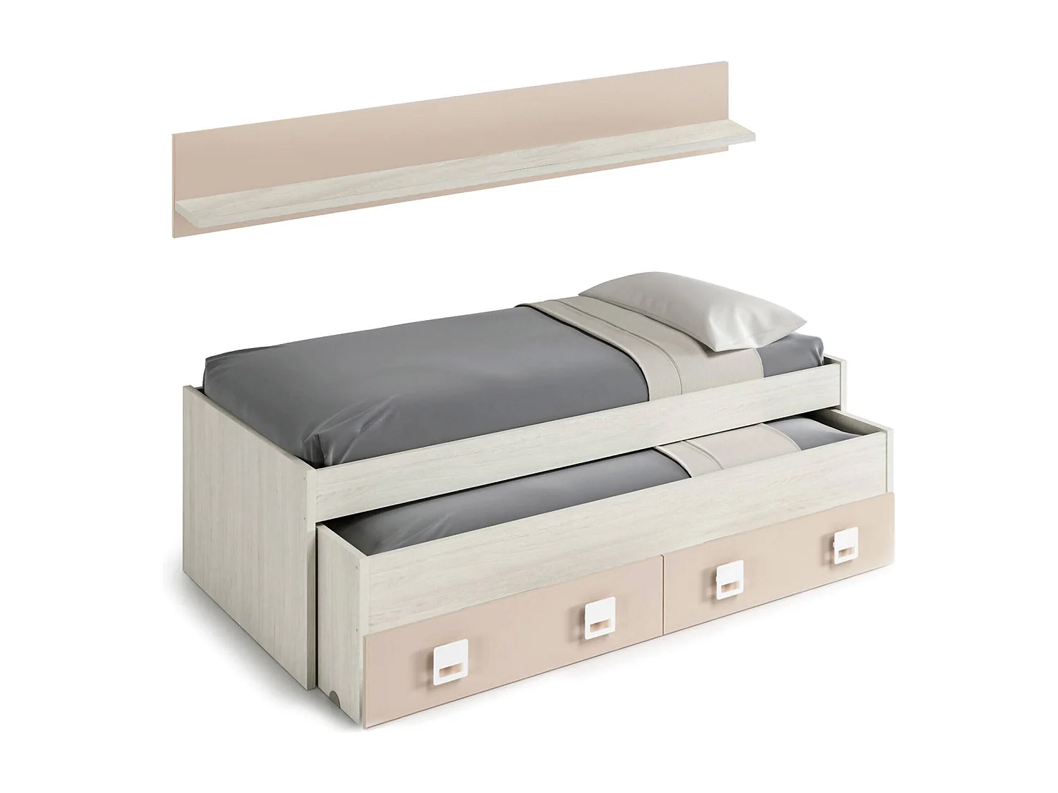 Dcurci eenpersoonsbed, Bedstructuur voor slaapkamer, Eenpersoonsbed met uitschuifbaar bed en 2 laden en plank, 199x96h65 cm, Wit en Roze