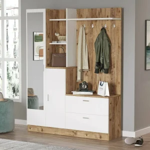 Dmasiell entreekast, Kleerhanger ingang, Atrium samenstelling, Multifunctionele opbergconsole, 140x37h182 cm, Eiken en Wit Dmasiell entreekast, Kleerhanger ingang, Atrium samenstelling, Multifunctionele opbergconsole, 140x37h182 cm, Eiken en Wit