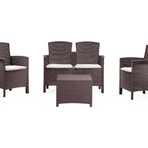Dmorat outdoor loungeset, Tuinset met kussens, Rotan effect loungeset voor binnen en buiten, 100% Made in Italy, Bruin Dmorat outdoor loungeset, Tuinset met kussens, Rotan effect loungeset voor binnen en buiten, 100% Made in Italy, Bruin