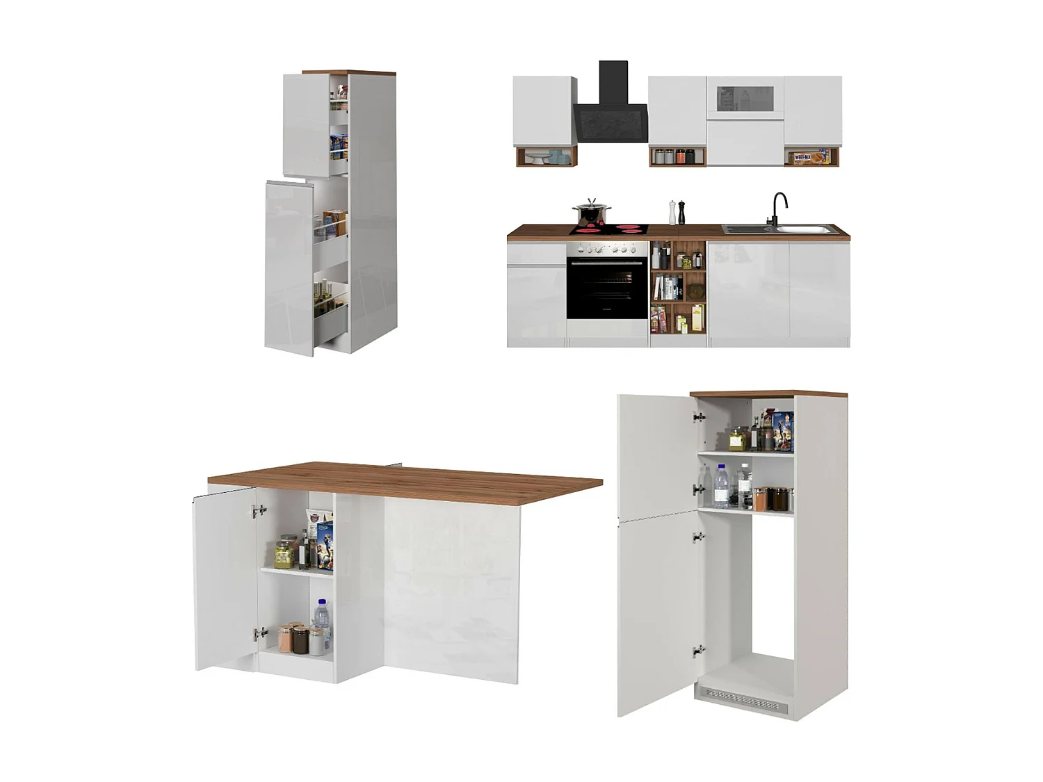 Armend keuken, modulair gemaakt in Italië, hoogglans wit, kitchenette, 30 legplanken, 3 lades, Apparaten niet inbegrepen