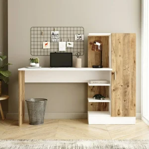 Dfasolat Bureau, Multifunctioneel Bureau, PC Bureautafel, Werkblad, 152x40h120 cm, Eiken en Wit