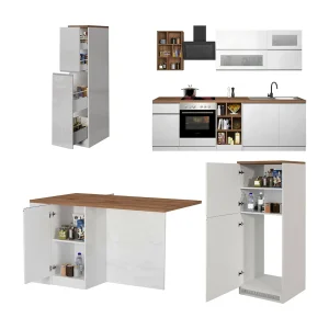 Armend-keuken, modulair, gemaakt in Italië, hoogglans wit, kitchenette, 30 planken, 3 lades, Apparaten niet inbegrepen Armend-keuken, modulair, gemaakt in Italië, hoogglans wit, kitchenette, 30 planken, 3 lades, Apparaten niet inbegrepen