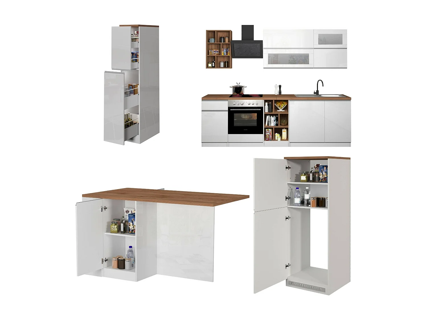 Armend-keuken, modulair, gemaakt in Italië, hoogglans wit, kitchenette, 30 planken, 3 lades, Apparaten niet inbegrepen