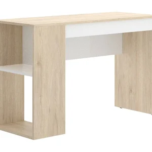 Dfalc Bureau, Multifunctioneel bureau voor kantoor of slaapkamer, Lineaire studeertafel met planken, 115x50h74 cm, Eiken en wit